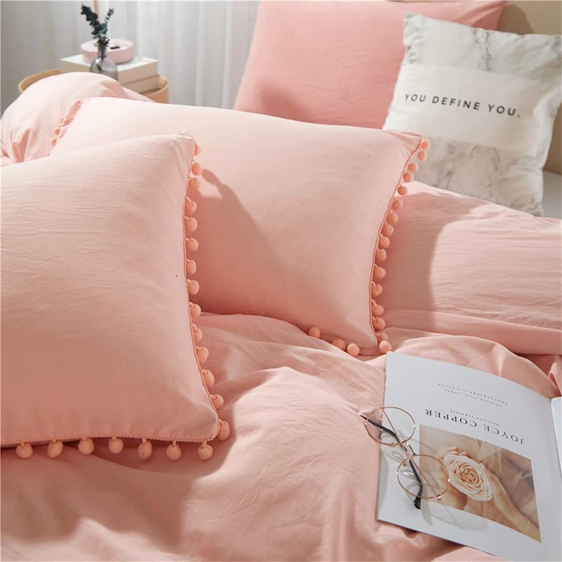 IHOUSTRIY Duvet Cover Full Size 100% Washed Microfiber 3pcs Bedding Duvet Cover Set  Pom Poms Fringe Solid Color Soft and Breathable with Zipper Closure & Corner Ties (Peach Pink  Full) - Image 5